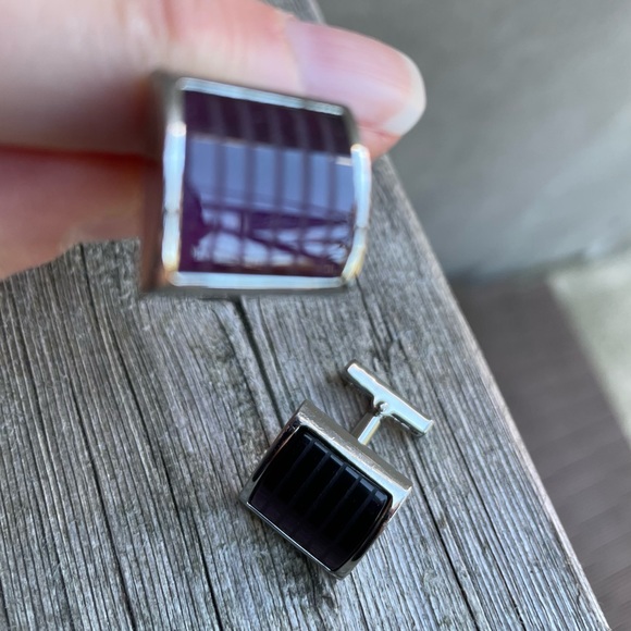 🟪 🟪 Kenneth Cole New York Amethyst Purple Striped Glass Silver Tone Cufflinks - Picture 5 of 12